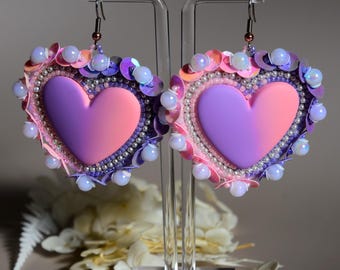 Brincos de coração com miçangas, pastel, rosa, roxo, joias, miçangas, ponto plano, feito à mão, miçangas, coração, anzóis