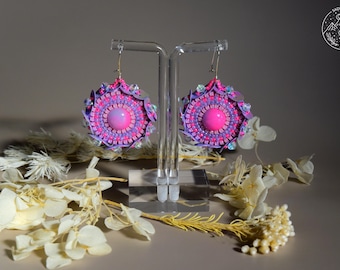 Brincos de miçangas, rosa choque, roxo, joias, miçangas, ponto plano, feito à mão, miçangas, ganchos de rim
