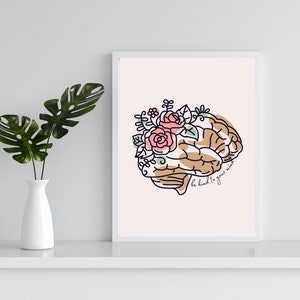 Be Kind to Your Mind Mental Health Digital Print/Poster Line Art Brain and Flowers