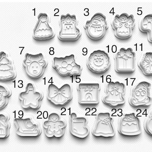 May include: A set of 24 white plastic cookie cutters in festive Christmas shapes, such as a Christmas tree, snowman, angel, Santa Claus, and baubles. The cutters are numbered from 1 to 24.