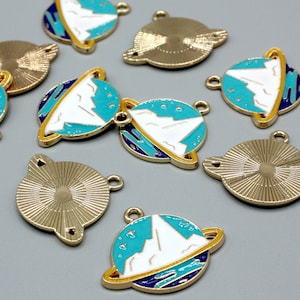 4 x Enamel Mountain Planet Metal Charms, Universe, Space Charm, Jewellery Making, Enamel Charms, Pendant, Necklace Making, Craft Supplies