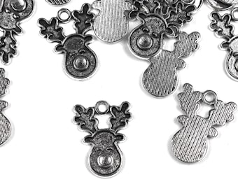 10 x Metal Silver Tone Reindeer Face Charms, Christmas Crafts, Charms For Jewellery Making, Metal Christmas Charm, Reindeers, Craft Supplies