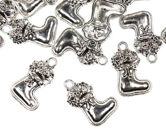 10 x Metal Silver Tone Christmas Stocking Charms, Christmas Crafts, Jewellery Making, Necklace Charm, Bracelet Charm, Quality Craft Supplies