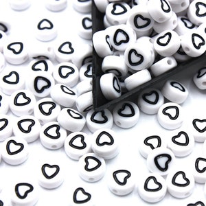 100 6mm White and Black Heart Round Flat Acrylic Beads, Jewellery