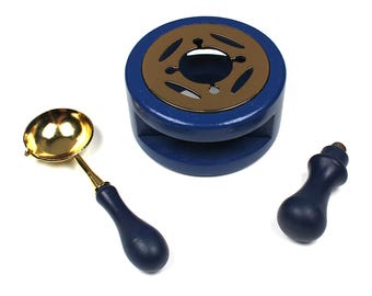 Blue And Gold Wooden Wax Sealing Stove Spoon And Handle, Wax Seal Furnace, Wooden Wax Seal Stove Set, Craft Kit, Seals, Craft Supplies