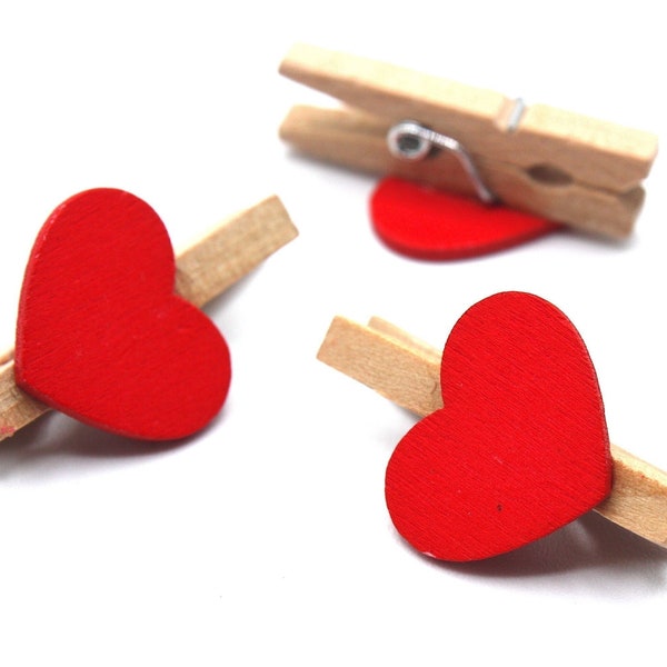 10 x Mini Red Heart Wooden Pegs, Pegs, Photo Pegs, Photos, Craft Supplies, Decoration, DIY, Small Clips, Tiny Craft, Doll House