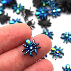 Mini Iridescent Blue Flat Back Spider Cabochons, Resin, Card Making, Embellishments, Decoration, Jewellery Making, Spider Charms, Halloween