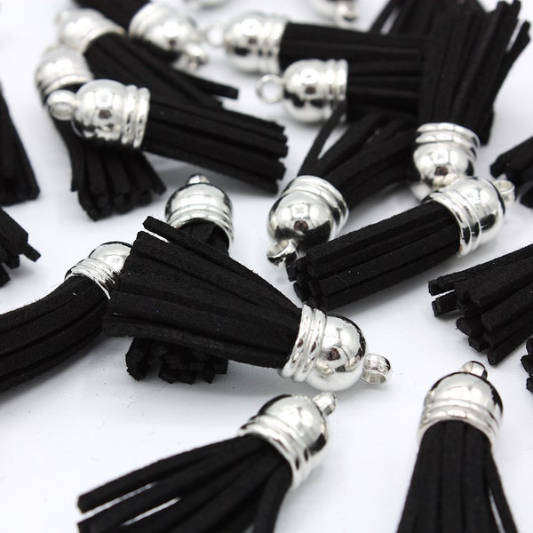 Silver Top Black Leather Tassels, Faux Leather, Silver Cap Tassel, Keyring, Tassels, Leather Tassel, Colourful Tassels, Personalised
