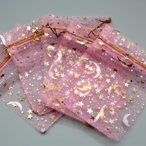 20pcs - 11cm x 16cm Pink Moon & Star Organza Pull String Gift Bags, Business Packaging, Pull String, Netting Bag, Net Bag, Baby Shower Bag