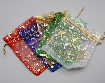 11cm x 16cm Mixed Colour Moon & Star Organza Pull String Gift Bags, Business Packaging, Packaging, Pull String, Netting Bag, Net Bag