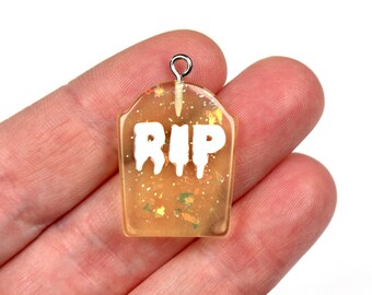 4 x Yellow And Chunky Glitter RIP Tombstone Acrylic Charms With Silver Metal Eye Hook, Jewellery, Jewellery Making Supplies, Craft Supplies