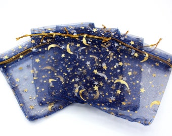 9cm x 12cm Navy Blue Moon & Star Organza Pull String Gift Bags, Business Packaging, Packaging, Pull String, Netting Bag, Net Bag