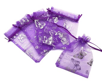 9cm x 12cm Dark Purple And Silver Butterfly Organza Bags, Pouches, Pull String Bag, Netting Bag, Gift Bag, Jewellery Bags, Wedding Bag