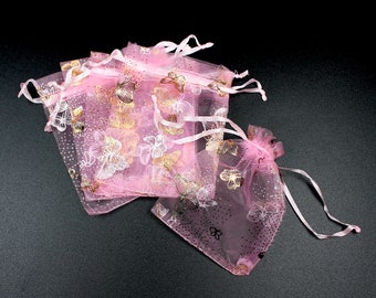 9cm x 12cm Pink Gold And Silver Butterfly Organza Bags, Pouches, Pull String Bag, Netting Bag, Gift Bag, Jewellery Bags, Wedding Bag