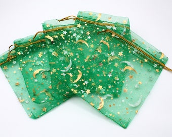 11cm x 16cm Green Moon & Star Organza Pull String Gift Bags, Business Packaging, Packaging, Pull String, Netting Bag, Net Bag