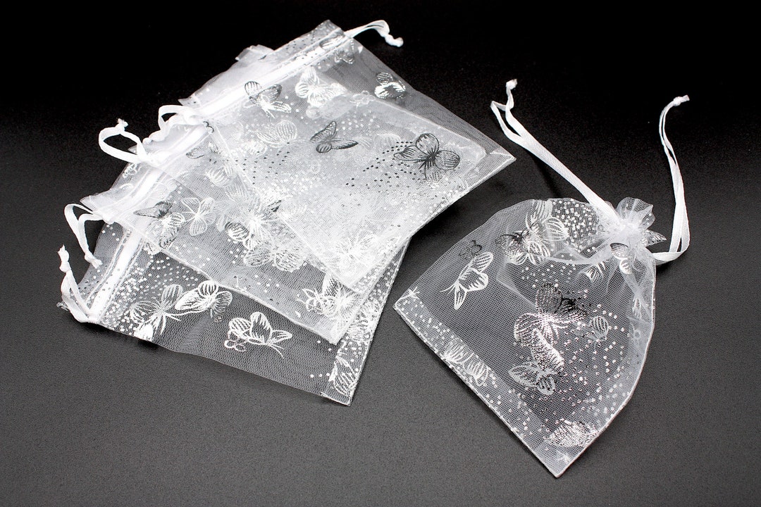 9cm X 12cm White Butterfly Organza Bags, Butterfly Bags, Pull String