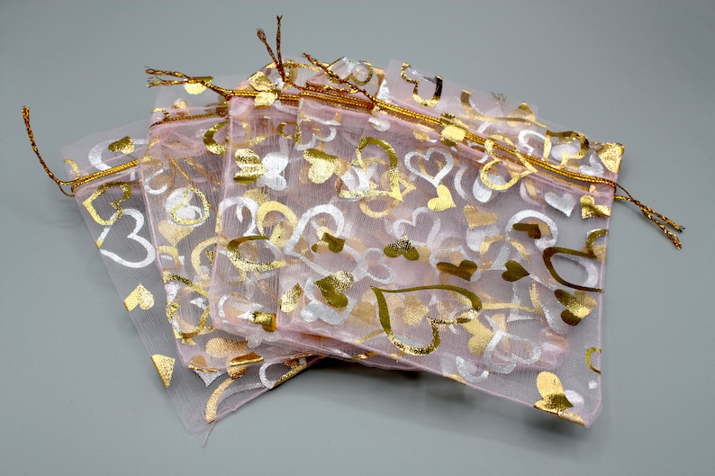【特別送料無料！】 9cm x 12cm Light Pink Gold Bags Gift String Heart Organza 訳あり Pull