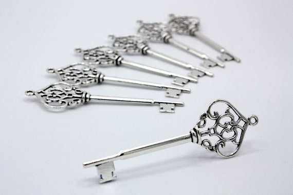 Großer Silber Schlüssel Anhänger, Gemusterte Schlüssel, Silber