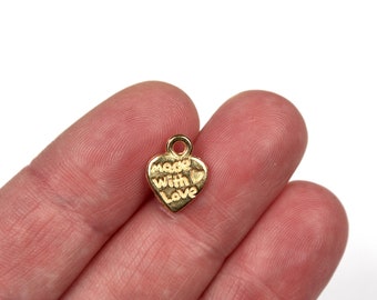 15 Metal Gold Tone Made With Love Heart Charms, Jewellery Components, Jewellery Making Charms, Metal Charms, Heart Shaped, Craft Supplies