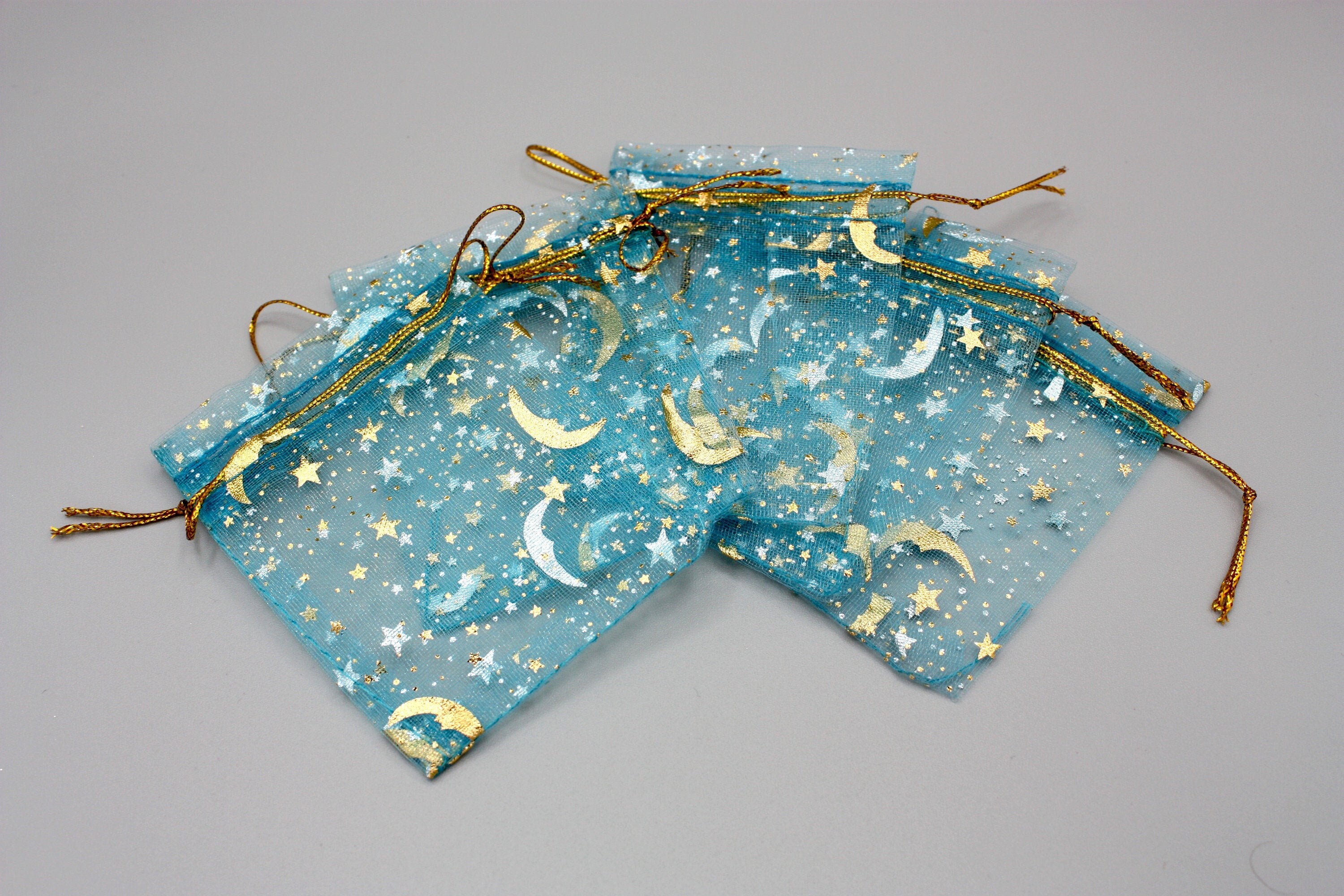 9cm x 12cm Light Blue And Gold Moon And Star Pull String Organza Bags, Gift Packing Bag, Party Bags, Organza Pouches, Jewellery Pouch Bags