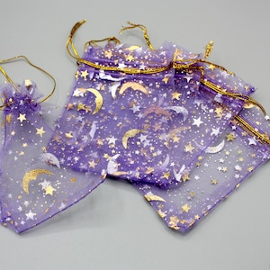 11cm x 16cm Purple Moon And Star Organza Pull String Gift Bags, Patterned, Business Packaging, Large, Netting, Net, Jewellery Making