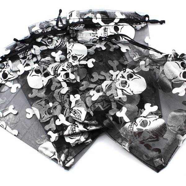 10 cm x 15 cm Halloween noir et argent tête de mort sacs en organza, sac d'emballage, sacs en organza, Trick Or Treat sacs, sacs de bonbons, sac à cordon