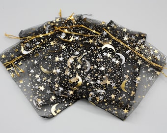 13cm x 18cm Large Black Moon & Star Organza Pull String Gift Bags, Business Packaging, Packaging, Pull String, Netting Bag, Net Bag