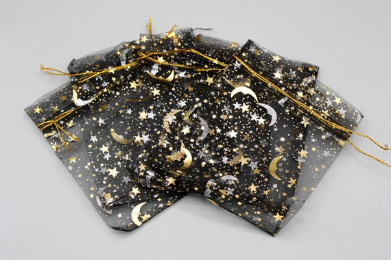 Sacchetti regalo grandi con cordino in organza con luna nera e stella da 13  x 18 cm, imballaggi aziendali, imballaggi, cordini, sacchetti a rete,  sacchetti a rete -  Italia