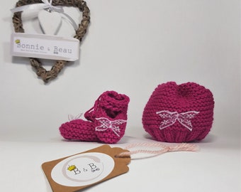 Hand Knit Preemie Bootee, Baby Shower Gift, New Baby Gift, Baby Hat, Pink Bootee & Hat, Bright Pink Hat Bootie