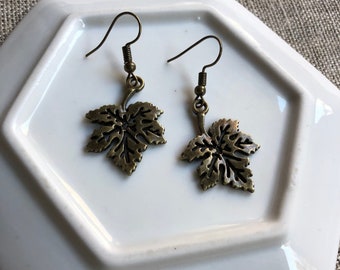 Bronze Leaf Dangle Earrings, Dangle Earrings, Beaded Earrings, Leaf Earrings, Nature Earrings, Handmade Earrings