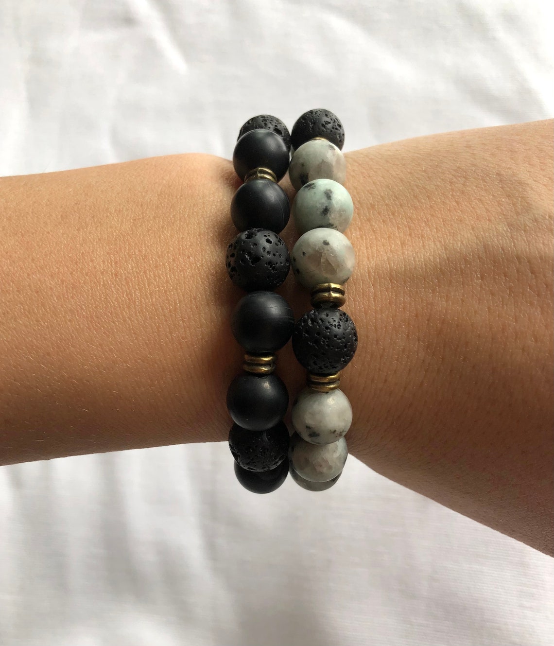 Black and Jade Bracelet, Natural Gemstone Beaded Bracelet, Stretch Bracelet, Stackable Bracelet