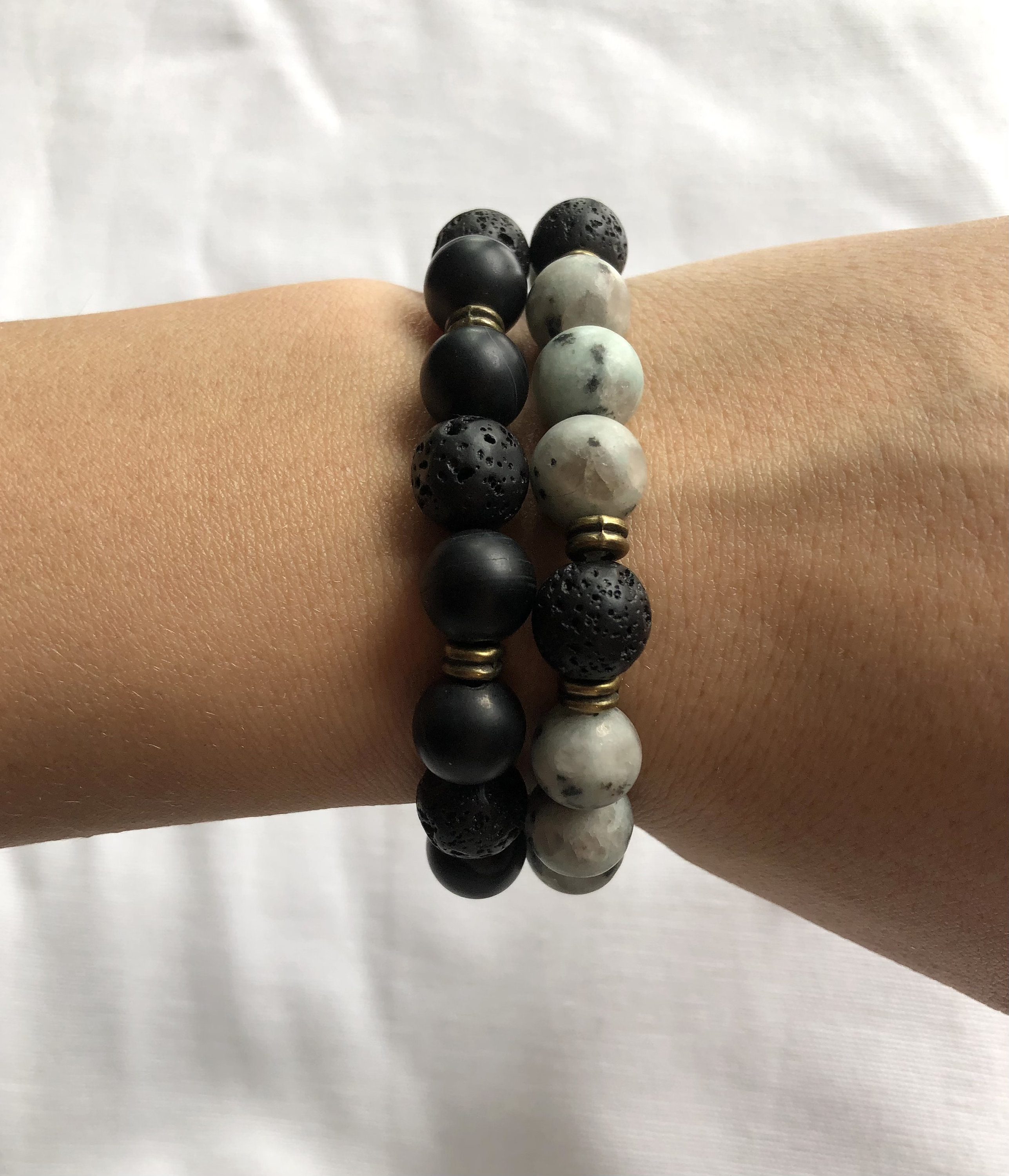 Black and Jade Bracelet, Natural Gemstone Beaded Bracelet, Stretch