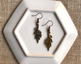 Bronze Leaf Dangle Earrings, Dangle Earrings, Beaded Earrings, Leaf Earrings, Nature Earrings, Handmade Earrings