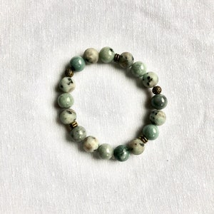 Spotted Jade and Sesame Kiwi Jasper Beaded Bracelet, Natural Gemstone Beaded Bracelet, Stretch Bracelet, Stackable Bracelet