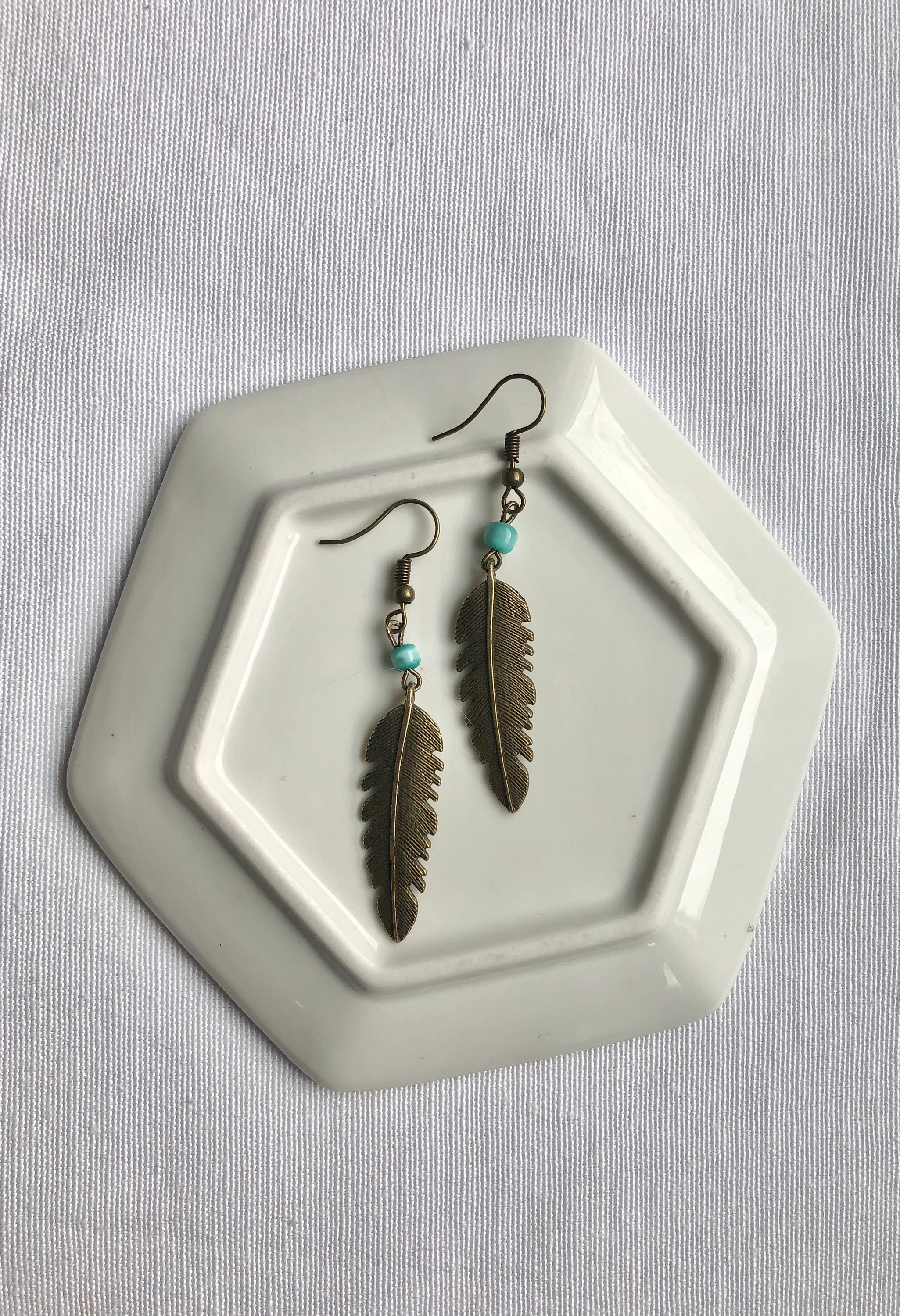 Bronze Feather Dangle Earrings, Dangle Earrings, Beaded Earrings