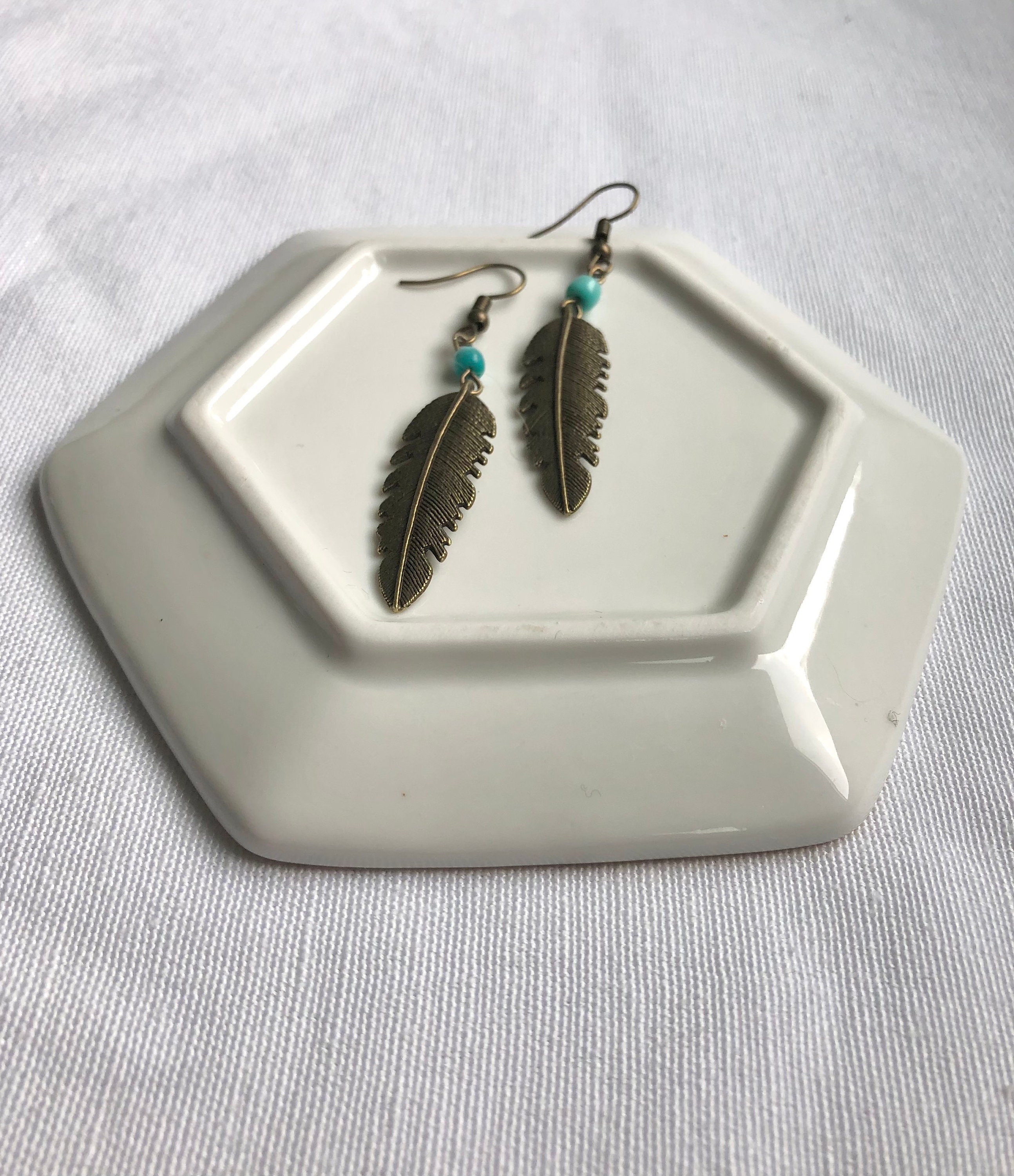 Bronze Feather Dangle Earrings, Dangle Earrings, Beaded Earrings