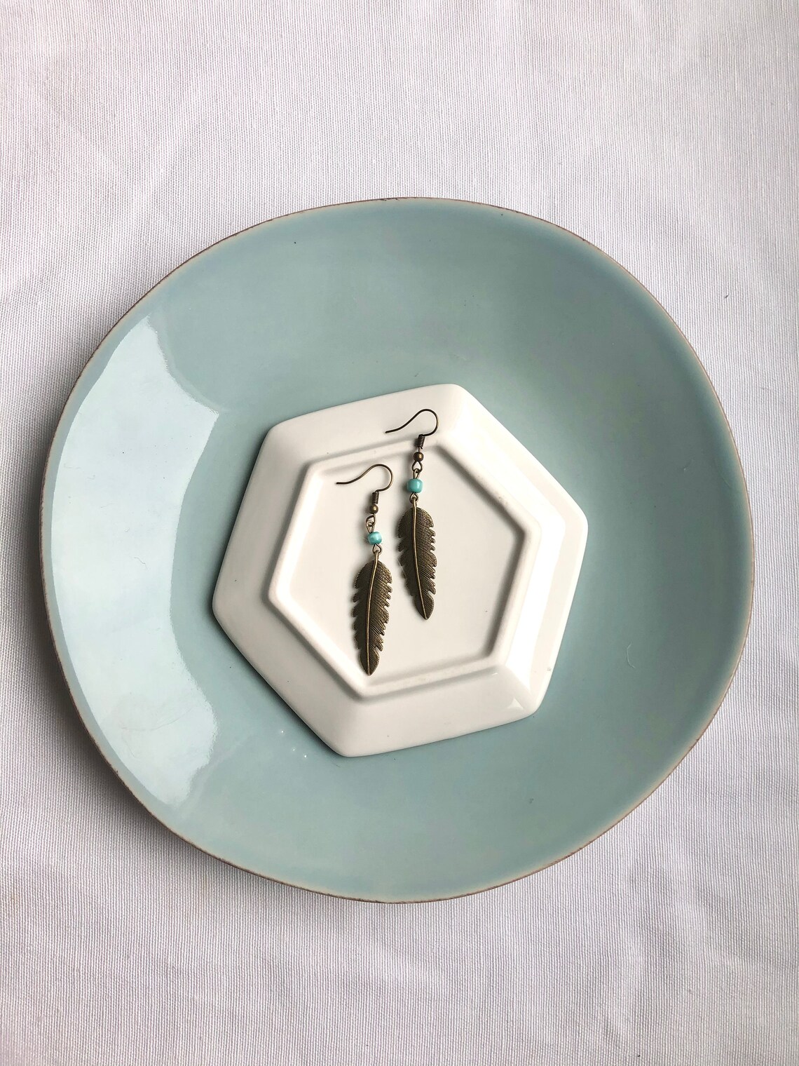 Bronze Feather Dangle Earrings, Dangle Earrings, Beaded Earrings