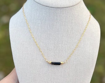 Black Agate Bar Necklace: 14k Gold Filled Gemstone Chain