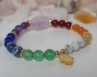 Bracelet chakra fait main : pierres précieuses équilibrantes, breloque Hamsa