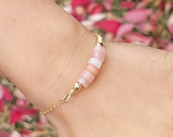 Pink Sunstone Bar Bracelet, 14k Gold Filled Bar Bracelet, Heishi Sunstone Bracelet, Minimalist Layering Bracelet, Gold Filled Cable Chain