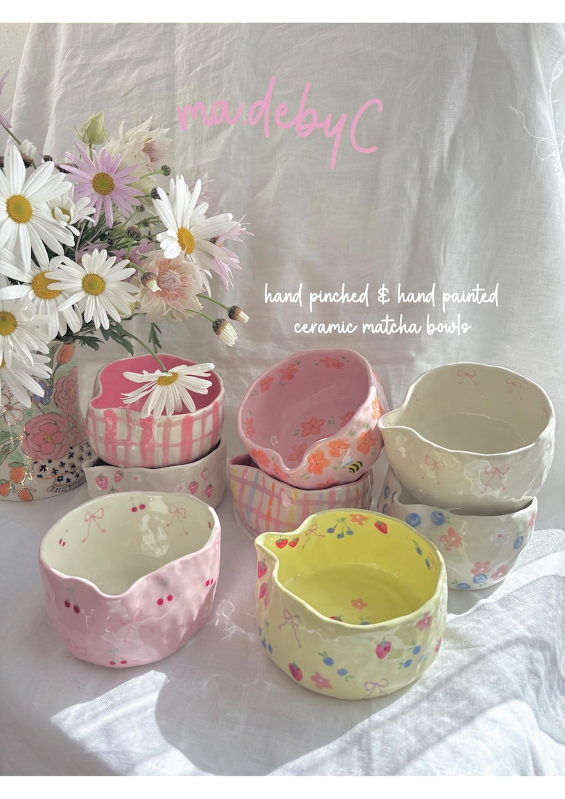 Matcha bowl - hand pinched and hand painted ceramic - price for an individual item (whisk not included)