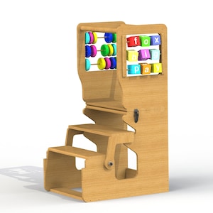 Pianta della torre Montessori per imparare un bambino accanto ai suoi genitori. Piani digitali di lavorazione del legno per una torre della cucina.