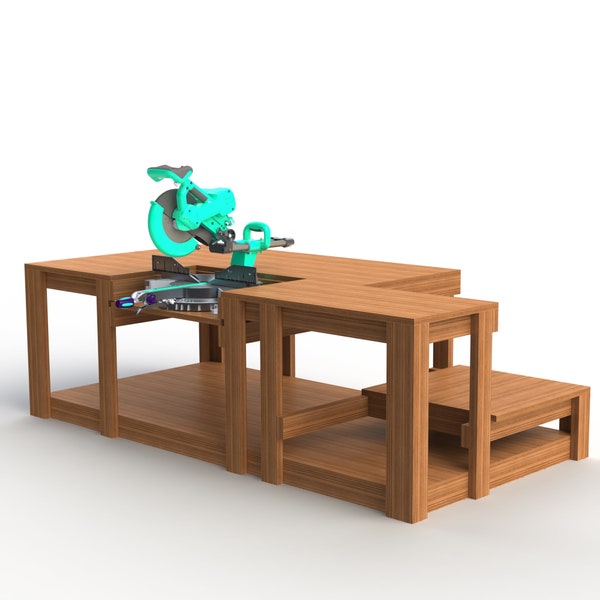 Workbench plan with table saw & miter saw, Workbench Plans, Table saw, Miter saw, Wood workbench, DIY plans, Craft table, Woodworkers bench