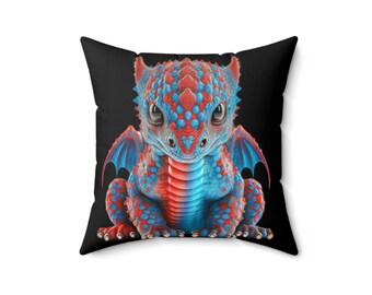 Baby Blue and Red Dragon Spun Polyester Square Pillow