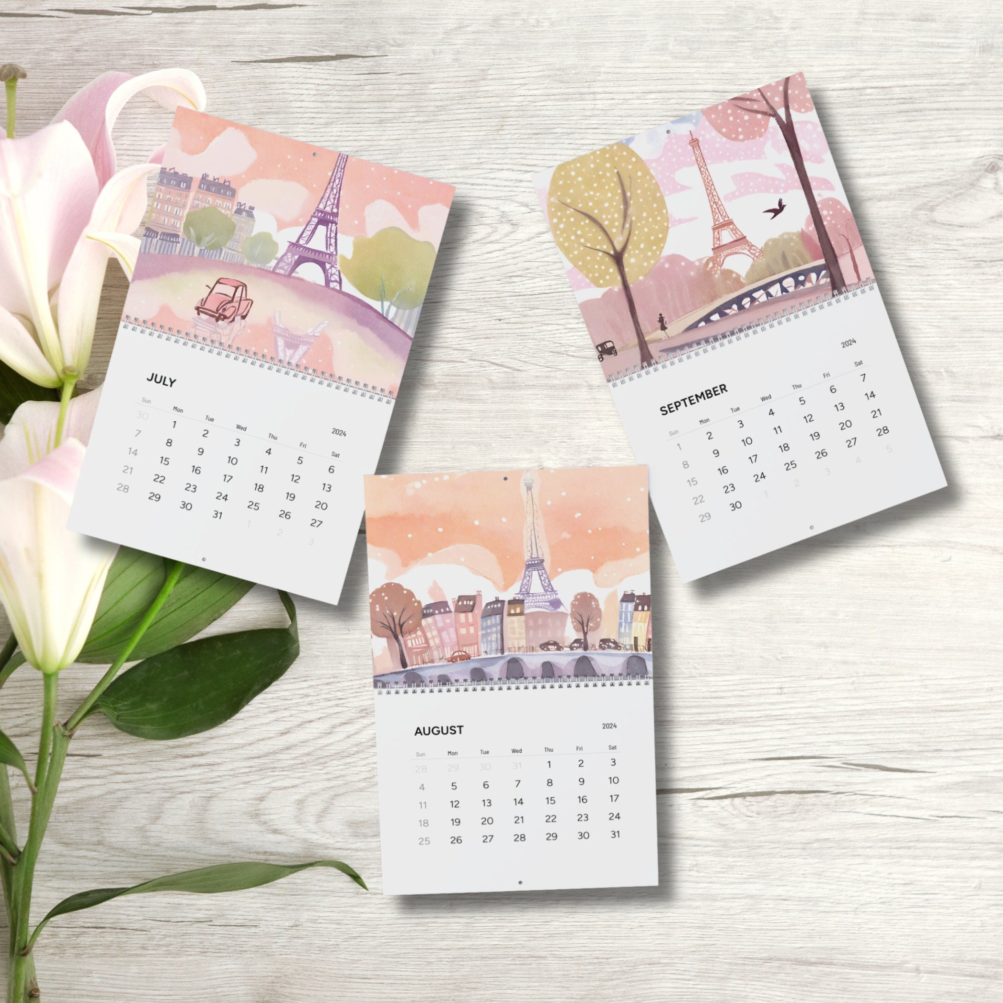 Calendars, 2024 Eiffel Tower Paris France Monthly Calendar, Travel Wall Calendar, Illustrated