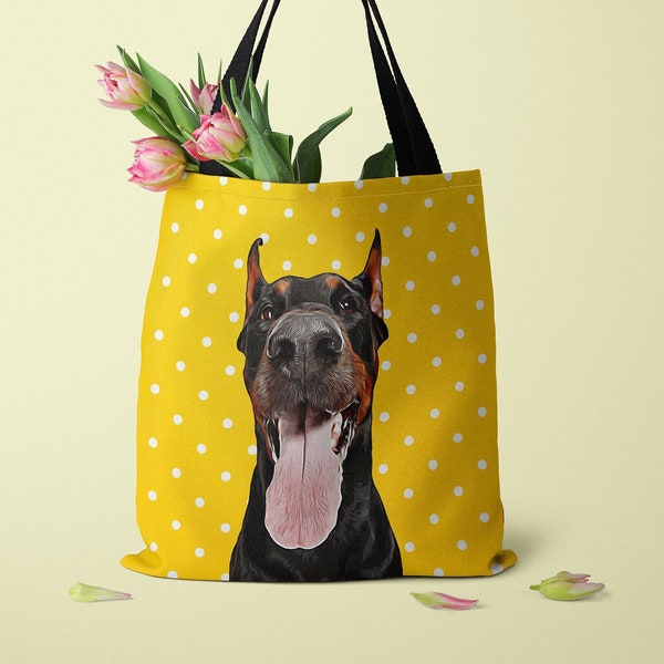 Custom Dog Photo Tote Bag, Pet Picture Tote Bag, Pet Portrait Bag, Dog Name Tote Bag, Pet Bag with Pola Dots, Personalized Tote Bag