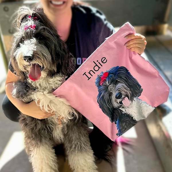 Custom Dog Photo Tote Bag, Pet Picture Tote Bag With Name, Pet Portrait Bag, Dog Name Tote Bag, Pet Bag With Name, Personalized Tote Bag