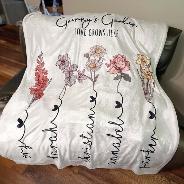 Custom Grandma Garden Blanket, Personalized Birth Flower Blanket With Grandkids Names, Granny Mother's Day, Christmas Gift, Special Keepsake