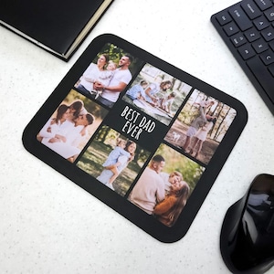 Könnte beinhalten: Schwarze Mauspad mit einer Collage von Fotos einer Familie. Die Fotos sind in einem Raster angeordnet und zeigen ein Foto eines Vaters und seiner Kinder, ein Foto eines Paares und ein Foto eines Vaters und seiner Tochter. Der Text "Best Dad Ever" ist in Weiß auf der Mauspad gedruckt.
