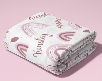 Custom Name Baby Girl Blanket With Pink Boho Rainbows and Floral Elements, Unique Newborn Birthday or Baby Shower Gift